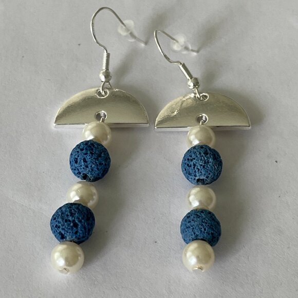 Blue Lava Stone and Glass Pearls Necklace and Pierced Earrings Set - Picture 2 of 6